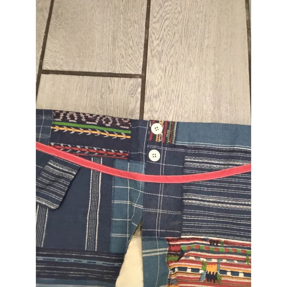 Artisanal Indigo Patchwork Split Leg‎ Half Apron Blue Multi Woven Tie Waist